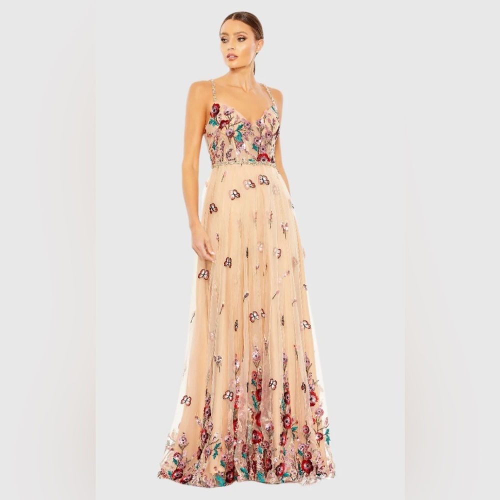 NWT | Mac Duggal 681101 Nude Multi Embellished Floral Detail A Line Gown Size 8